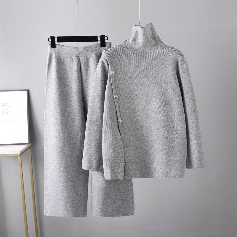 Stand Collar Slit Knitted Turtleneck Sweater Winter Warm Anti-aging Wide Leg Pants Set