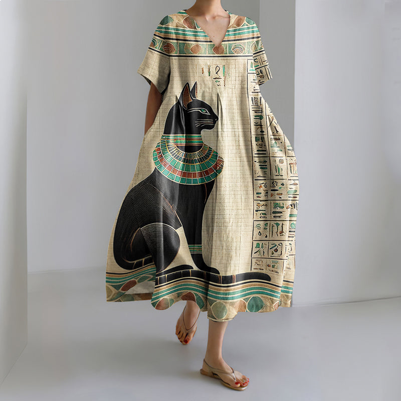 Comstylish Women's Egyptian Buster Cat Art Print V-neck Dress