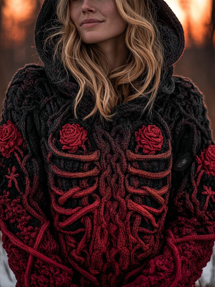 Comstylish Vintage Bones & Roses Gradient Chunky Hooded Sweater