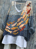 Comstylish Women's Vintage Patchwork Fish Pattern Linen Blend Shirt