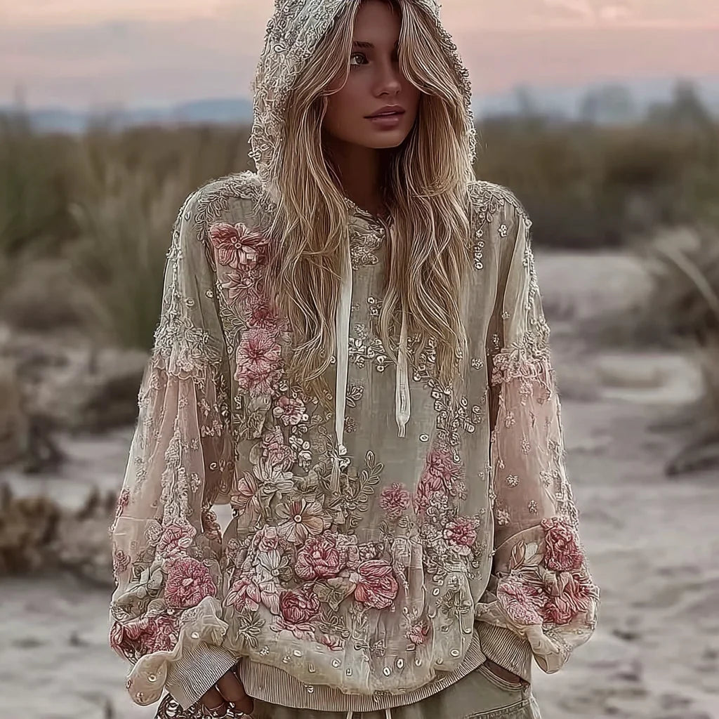 Women's Vintage Pink Floral Embroidery Art Casual Hoodie elevenforest