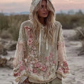Women's Vintage Pink Floral Embroidery Art Casual Hoodie elevenforest