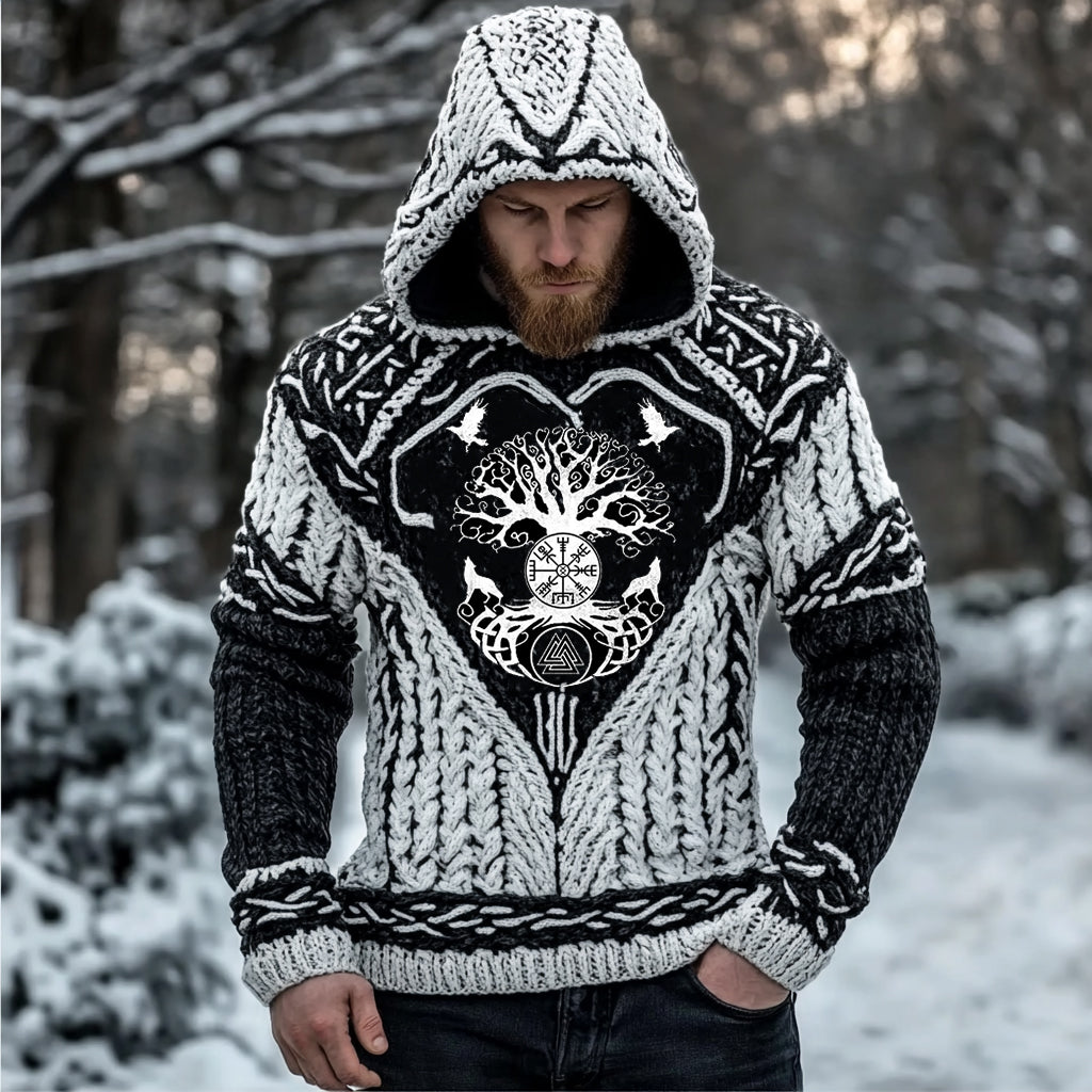 Men's Viking Tree Of Life Celtic Contrast Chunky Hooded Sweater elevenforest