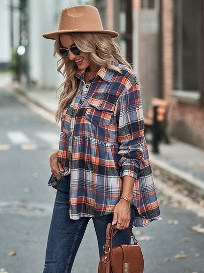 Loose Checkered Lapel Blouses&shirts Tops