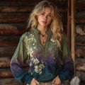 Classy Gradient Bamboo Blossom Embroidery Art Linen Long Sleeve Shirt elevenforest