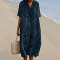Vintage Japanese Traditional Sashiko Patchwork Art Pattern Linen Blend Midi Dress elevenforest
