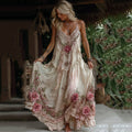 Women's Pink Rose Embroidery Art V-neck Suspender Maxi Dress elevenforest