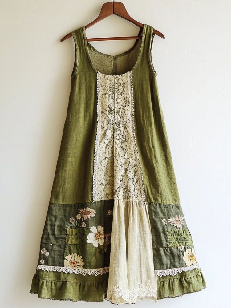 Boho Floral Pattern Linen Lace Patchwork Dress elevenforest