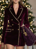 Casual Vintage Burgundy Velvet Gold Trim Double Breasted Suit Mini Dress
