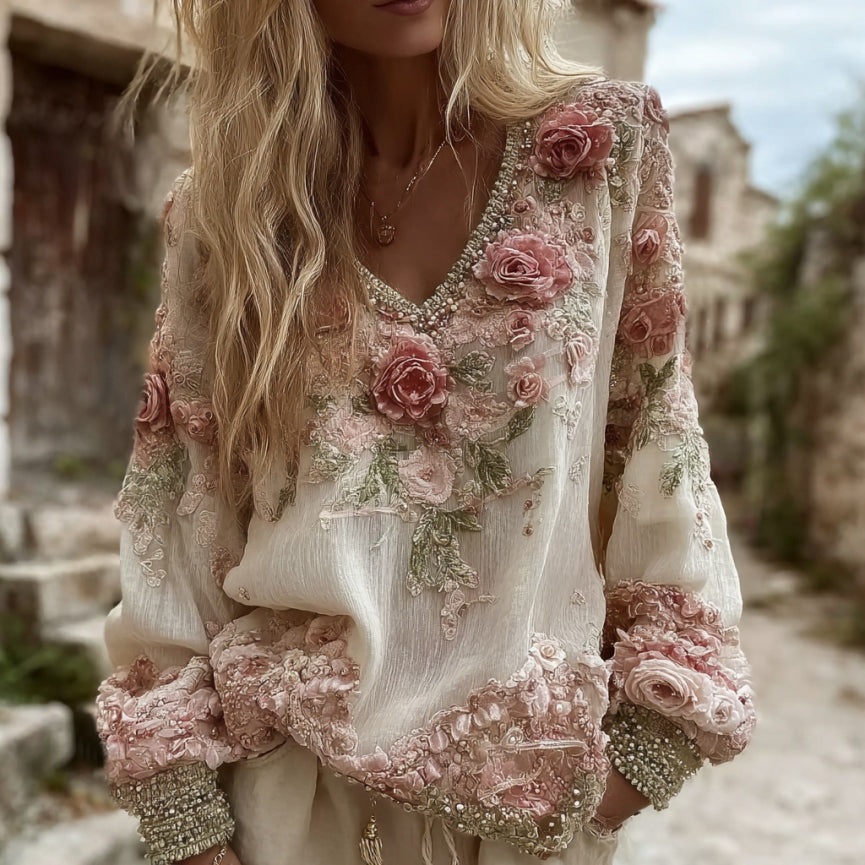 Women's Vintage Roses Embroidery Art V-neck Linen Blend T-shirt elevenforest