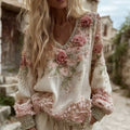 Women's Vintage Roses Embroidery Art V-neck Linen Blend T-shirt elevenforest