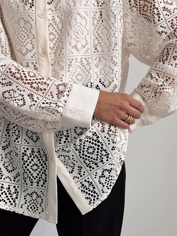 Long Sleeves Loose Buttoned Hollow See-through Color Sun Protection Lapel Collar Blouses&shirts Tops