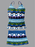 Women's Geometric Patterns Print Suspender Shirred Swimsuit Set