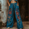 Women's Retro Linen Boho Ethnic Flowers Art Long Loose Wide-leg Trouser Pants elevenforest