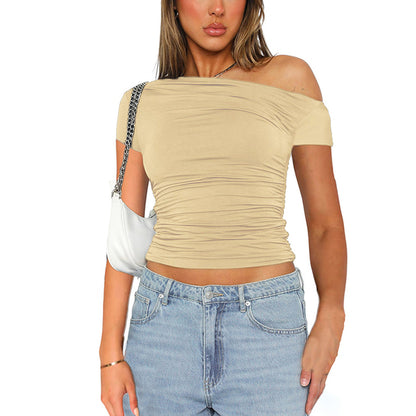 High Elasticity Fabric Color Slash Shoulder Short Sleeve Pleated Navel Reveal Top Tops for