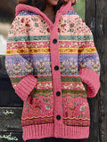 Vintage Boho Floral Pattern Cozy Hooded Cardigan elevenforest