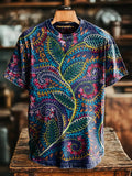 National Stitch Effect Flowers Pattern Vintage Art Print Casual T-shir