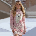 Women's Vintage Cute Cat Rose Pattern Knit Turtleneck Sweater Mini Dress
