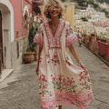 Women's Pink Rose Embroidery Bohemian V-neck Short Sleeve Linen Blend Midi Dress elevenforest