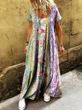 Women's Vintage Floral Art Print Pocket Short Sleeve Cotton Dress