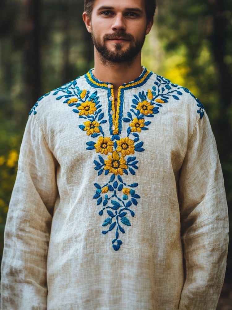 Ukrainian Folk Floral Embroidered Vintage Linen Shirt elevenforest