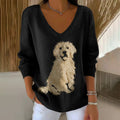 Comstylish Classic Fuzzy Golden Retriever Dog Felt Art Inspired Embroidered V Neck Cozy Knit Sweater