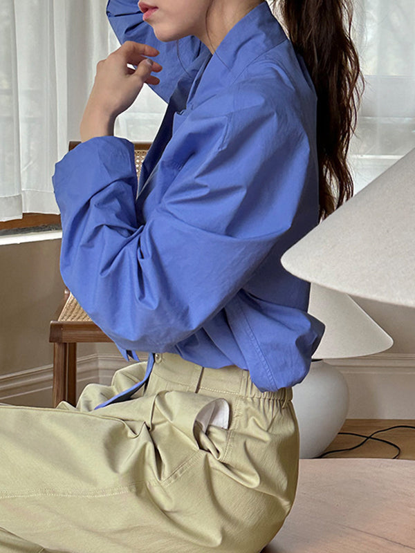 Long Sleeves Loose Color Split-joint Streamer High Neck Blouses