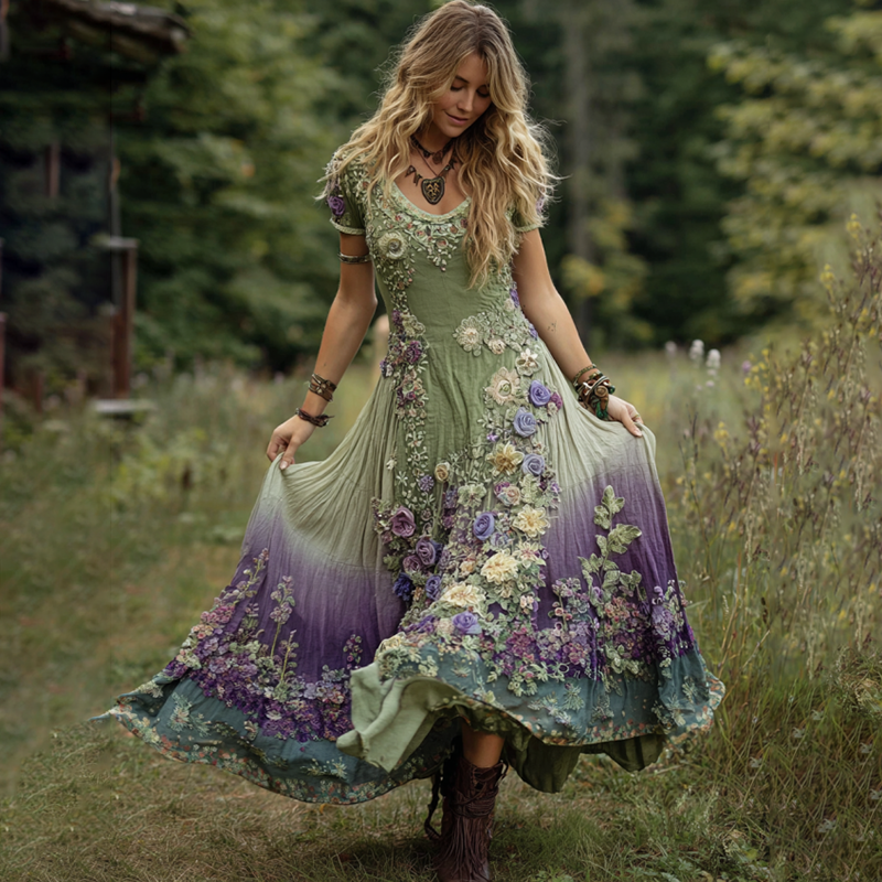 Classy Gradient Purple Lavender And Floral Embroidered Linen Maxi Dress elevenforest