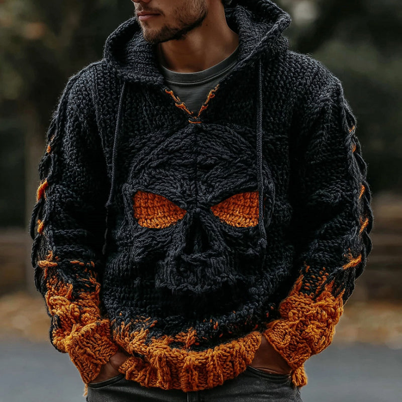 Men's Halloween Skull Gradient Art Knitted Cozy Hooded Sweater elevenforest