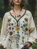 Retro Bohemian Floral Embroidered Linen Blend Loose Tunic elevenforest