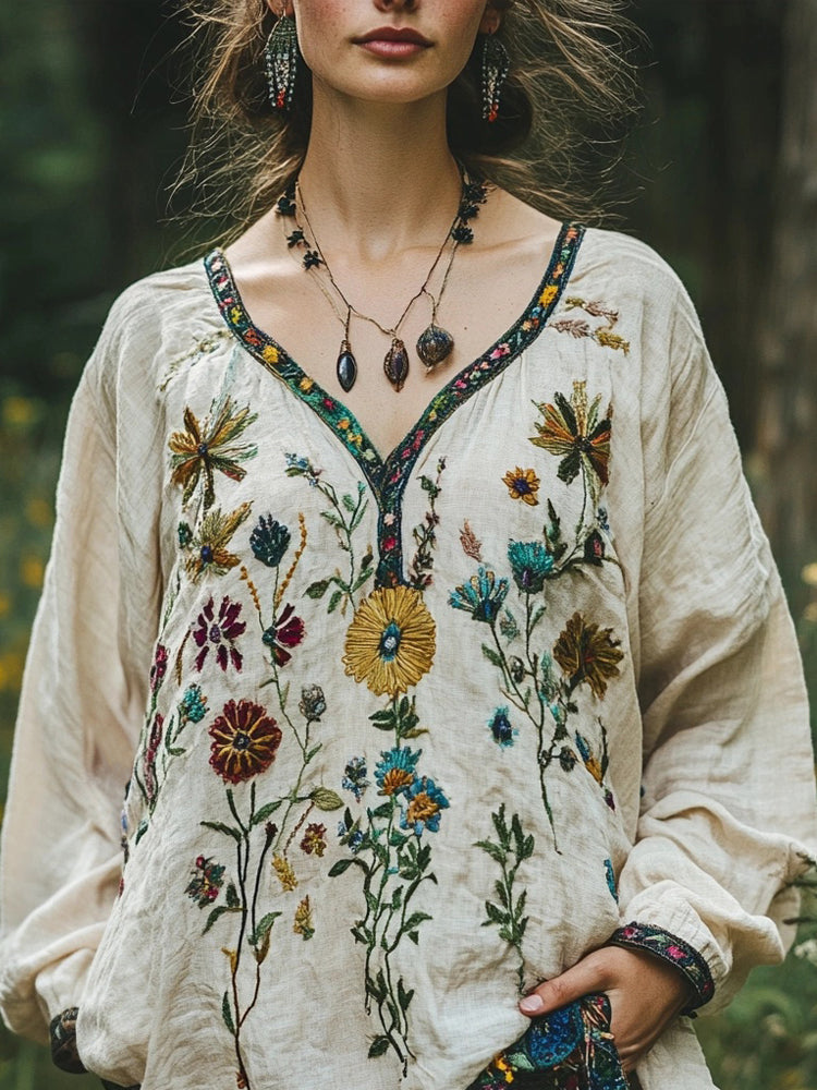 Retro Bohemian Floral Embroidered Linen Blend Loose Tunic elevenforest