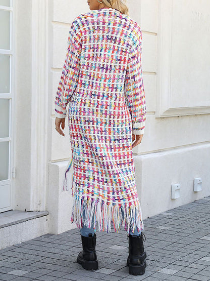 Long Sleeves Loose Plaid Tasseled Collarless Cardigan Tops