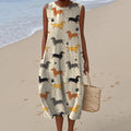 Women's Vintage Dachshund Dog Art Print Linen Tank Midi Dress elevenforest