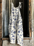 Women's Blue Floral Print Linen Blend Jumpsuit elevenforest