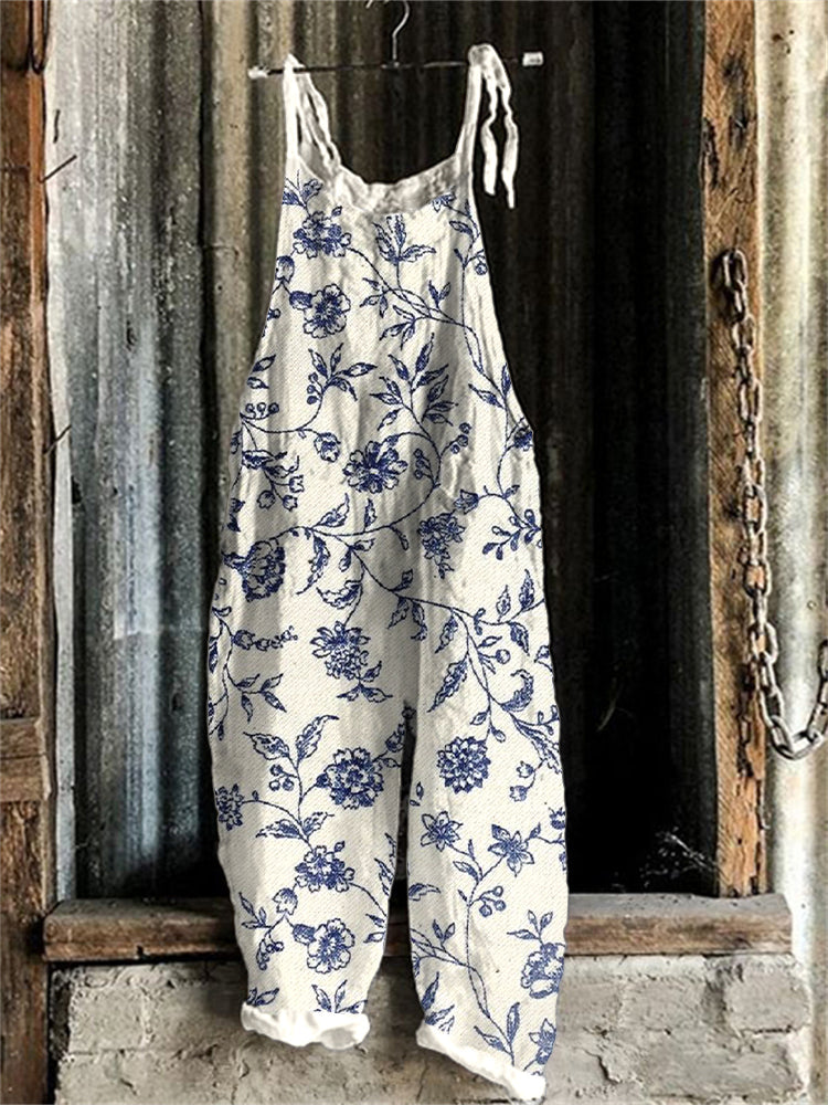 Women's Blue Floral Print Linen Blend Jumpsuit elevenforest