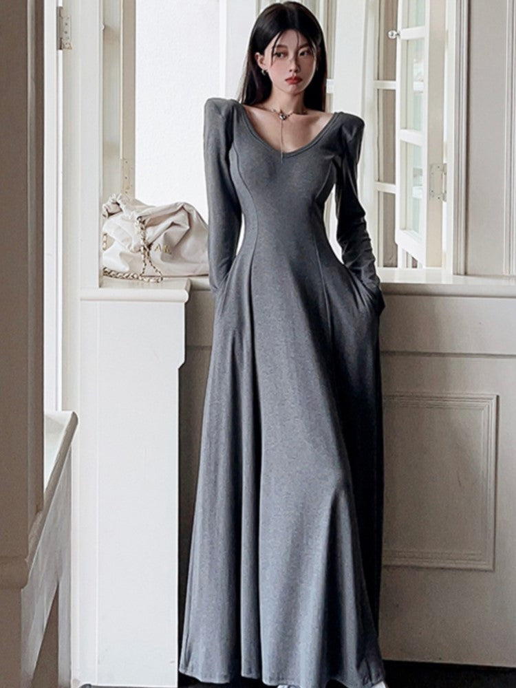 ‘s Maxi Dress Korean Long Sleeve V-neck Slim Fit A-line Autumn Spring Prom Robe Vestidos Mujer New