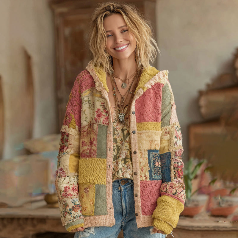 Women's Vintage Patchwork Floral Art Hooded Cardigan elevenforest