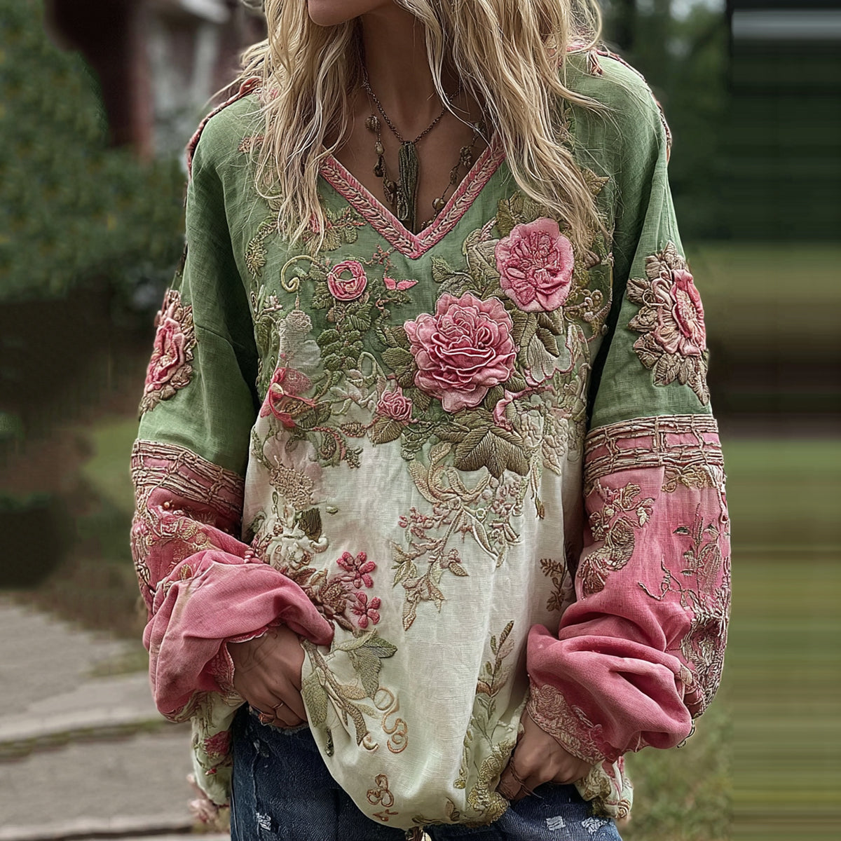 Love & Health Collection Classic Rose And Floral Art Linen Long Sleeve Shirt elevenforest