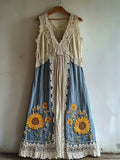 Boho Sunflowers Embroidered Lace Hem Linen Dress elevenforest