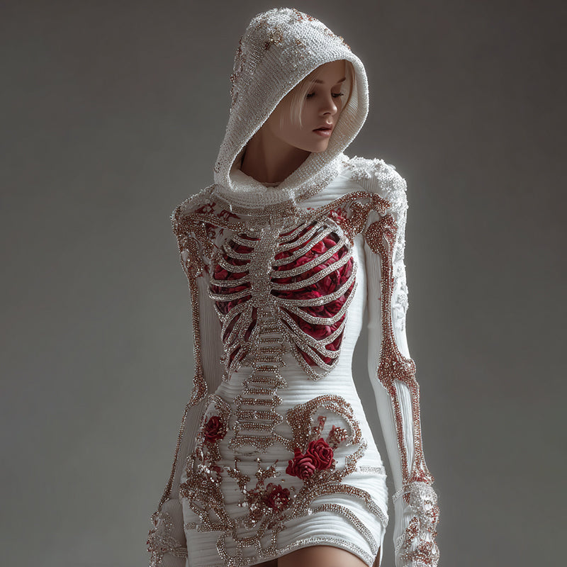 Women's Skeleton Roses Bandages Art Knit Hooded Mini Sweater Dress artswardrobe