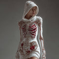 Comstylish Women's Skeleton Roses Bandages Art Knit Hooded Mini Sweater Dress