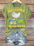 Women's Woodstock Peace & Music Print Crew Neck T-shirt