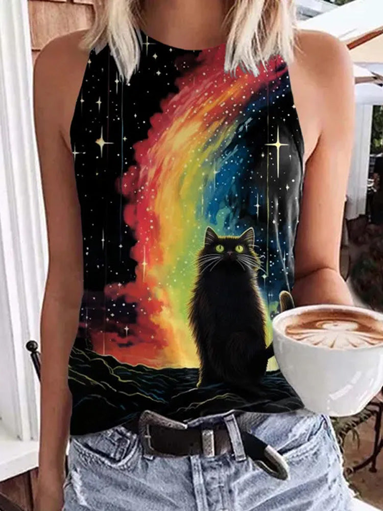 Comstylish Women's Black Cat Under Rainbow And Stars Print Tank Top