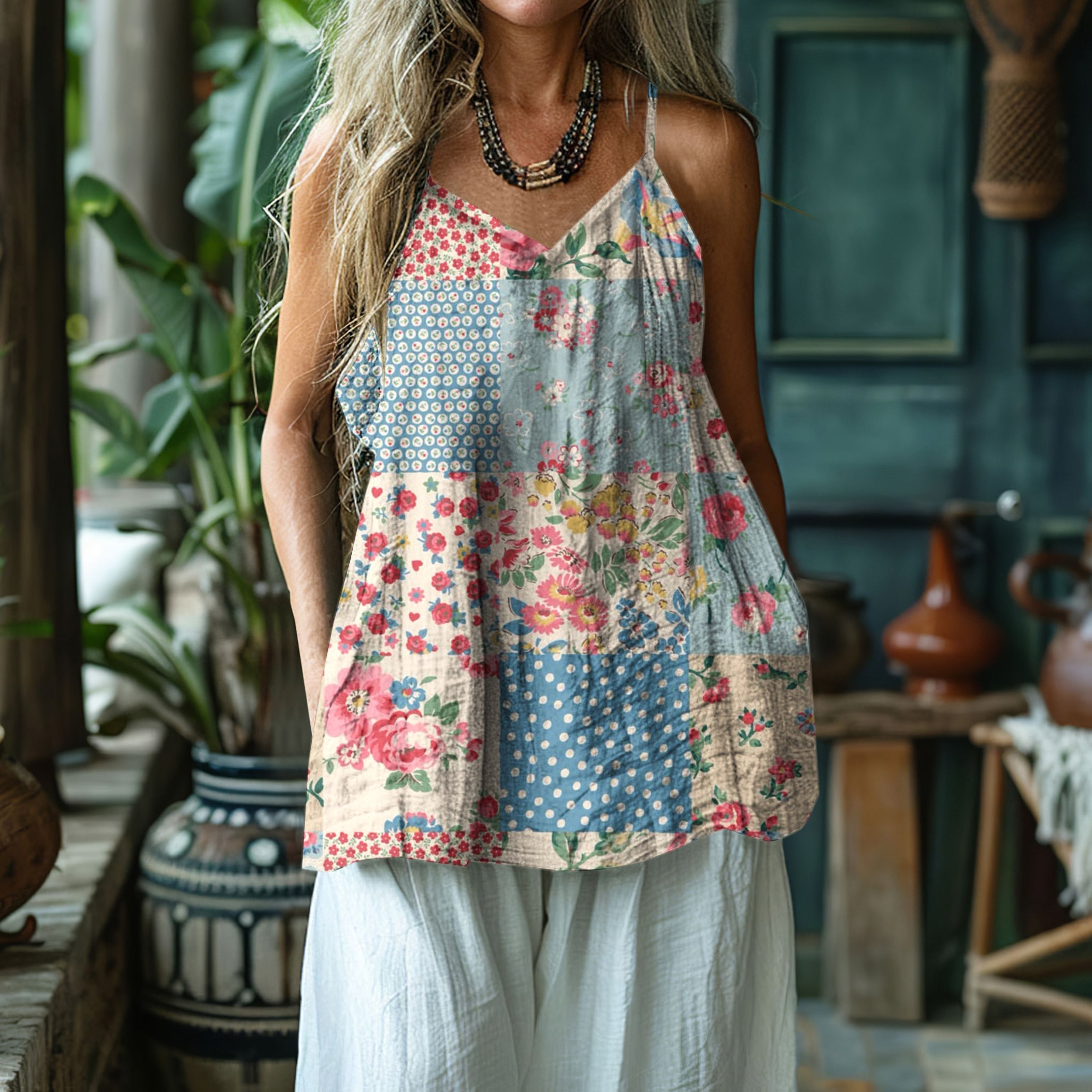 Women's Floral Patchwork Art Linen And Cotton Camisole elevenforest