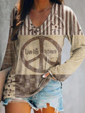 Women's Hippie Patchwork Art Print V-Neck Long Sleeve Top