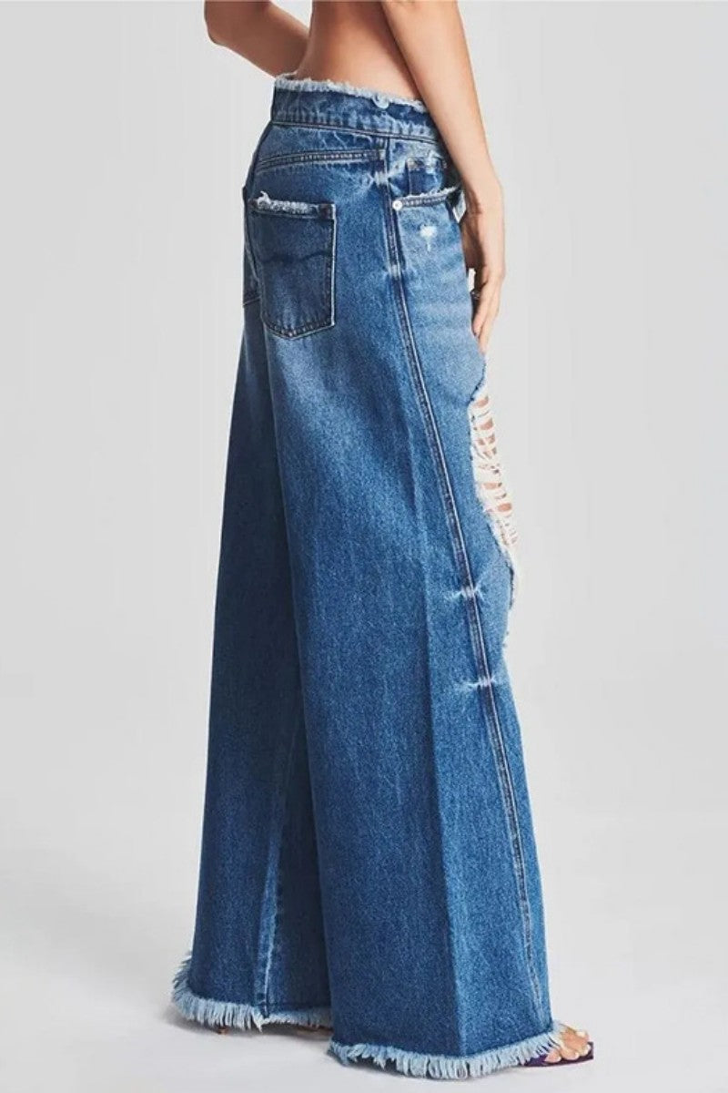 Ripped Patchwork Mid Waist Regular Denim Jeans (subject to the Actual Object)(5 Colors)