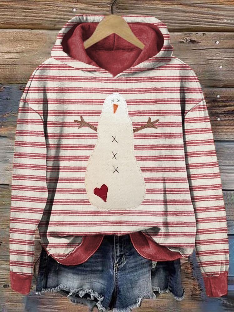 Cute Snowman Pattern Cozy Striped Hoodie elevenforest