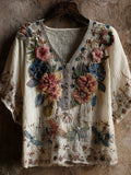 Bohemian Style Vintage Color Plant Flower Embroidery V-neck Short-sleeved Shirt elevenforest