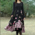 Women's Vintage Polka Dot And Rose Floral Plaid Patchwork Linen Dress elevenforest
