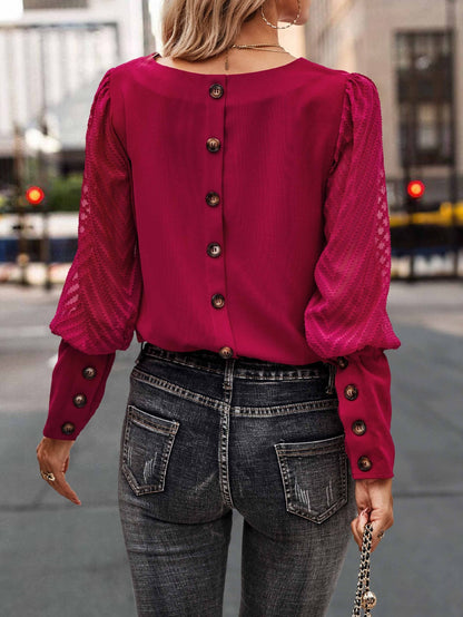 Fall Winter Color Round Neck Button Long Sleeve Blouse Top